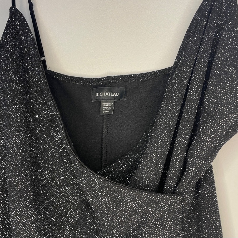 Vintage Le Chateau Black Metallic Glitter Asymmetrical Ruched Wrap Dress M - Picture 5 of 7